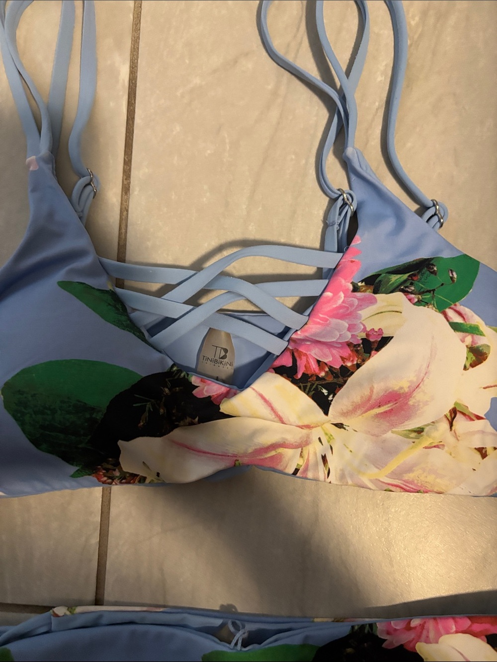 Women’s TiniBikini Light Blue Floral Strappy Two-Piece High Rise Bottoms - Picture 8 of 10